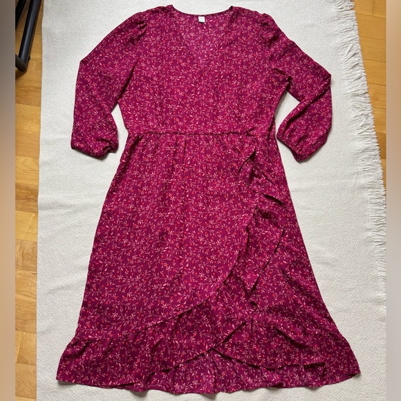 Old Navy Magenta Ditsy Floral Faux Wrap Georgette Ruffle Midi Dress XL - Picture 2 of 8